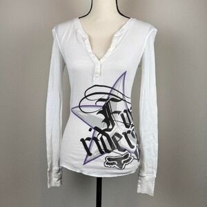 Y2K Fox Racing White Ribbed Long Sleeve Graphic Henley Top Size Small